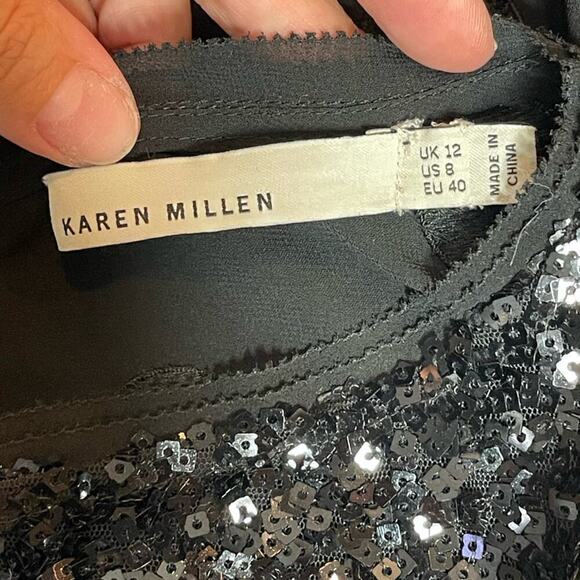 Karen Millen Black Sequin Sleeveless Top Sheer Back Embroidered Polkadots Sz 8 - Picture 9 of 11